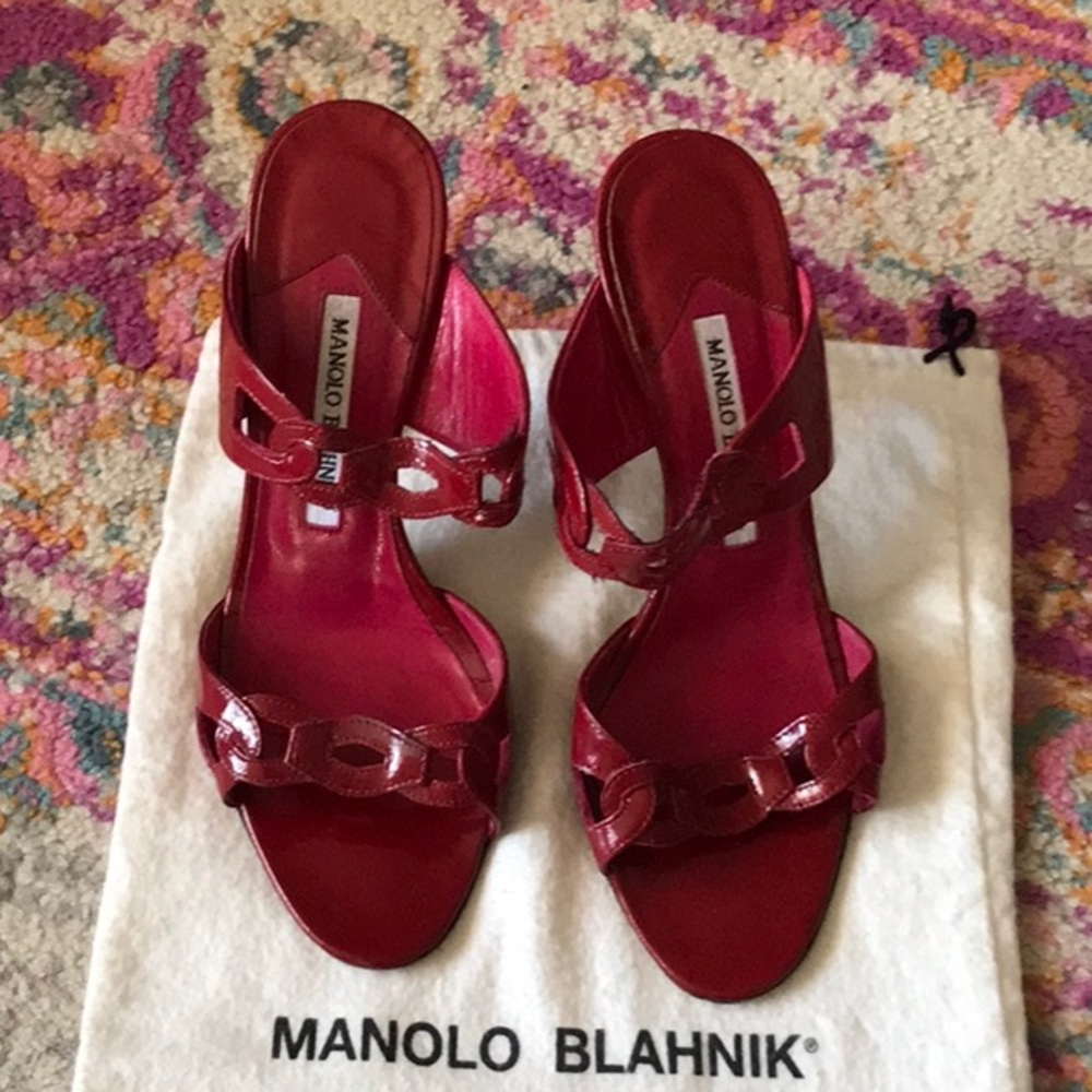 Manolo Blahnik Red Velvet Heels with Strappy Design